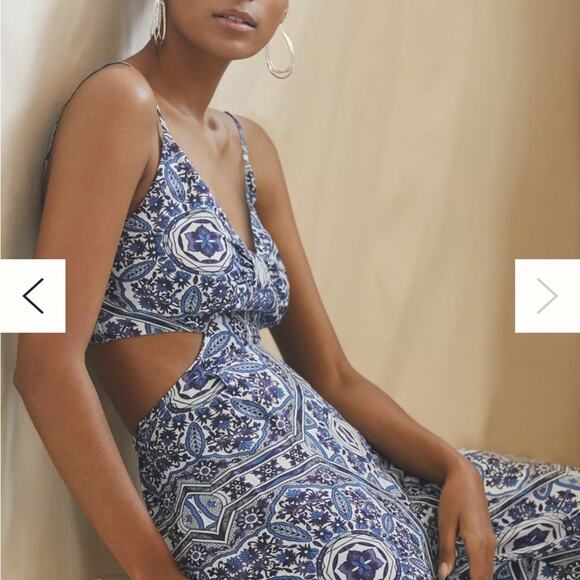 Ranna Gill Tie-Back Cut Out Jumpsuit L Boho Floral Wide Leg Smocked Resortwear - Picture 3 of 8